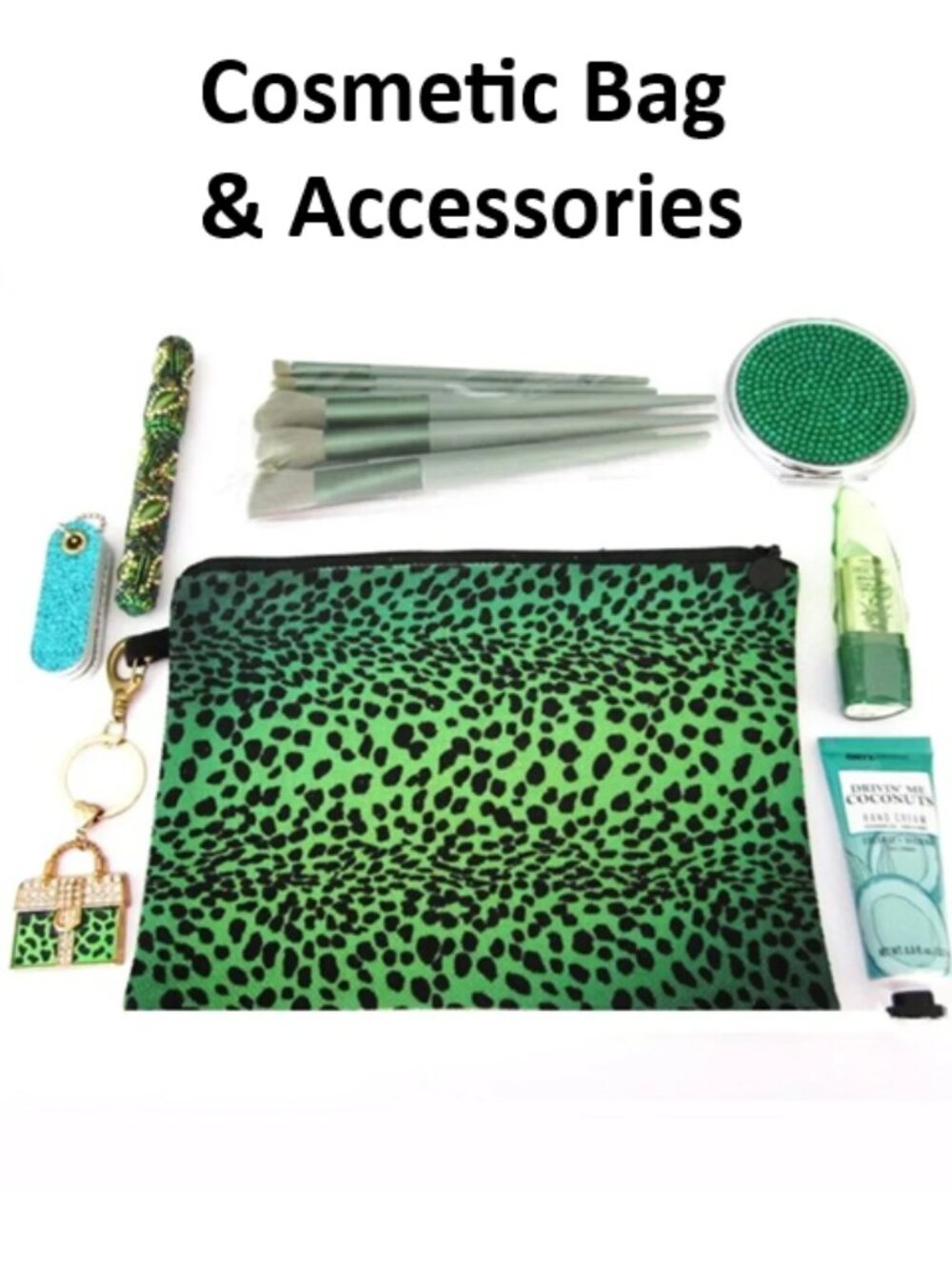 Green Leopard Cosmetic Bag Set with 7 accessories NEW